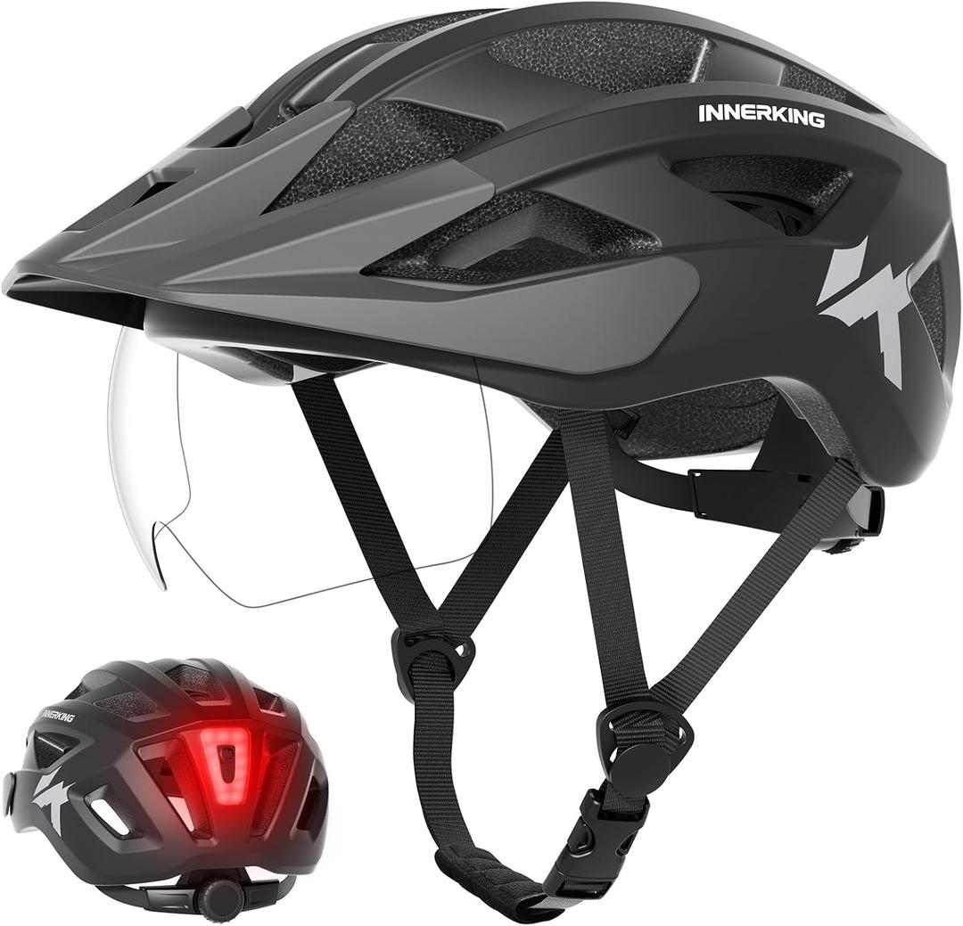 InnerKing Bike Helmet for Adults, Lightweight Mountain Bicycle Helmet with USB Rechargeable Rear Light Detachable Magnetic Goggles, Road Bike Helmet with OTG Visor for Men Women