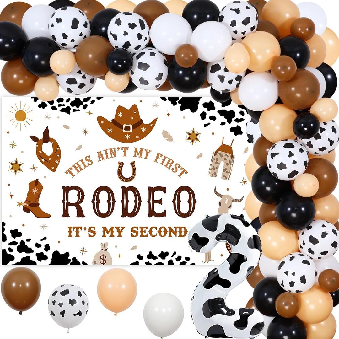 JOYMEMO My 2nd Rodeo Birthday Decorations Boy - Brown Cowboy Balloon Garland Arch Kit with This Ain't My First Rodeo Its My Second Birthday Backdrop, Number 2 Foil Balloon for Western Theme Party
