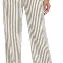 SEVEGO Tall Women 32"/34"/36" Inseam Striped Linen Pants Elastic Waist Wide Leg Pants Casual Summer Beach Trousers, Size: Small