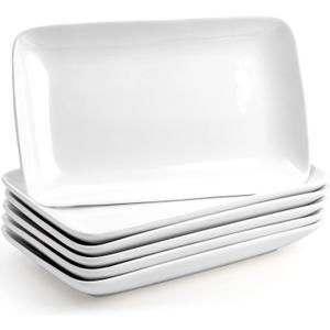 Foraineam Rectangular Salad Plates, 10 Inch White Porcelain Dessert Appetizer Plates Set, Dishwasher and Oven Safe Serving Platters for Sushi, Pasta, Fruit, Set of 6