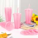 Hxezoc 16-Piece Reusable Cups with Lids and Straws, 24 oz Glitter Plastic Tumbler Iced Coffee Cups Travel Mugs for Smoothies, Juices, Beach, Bachelor Party (Light Pink)