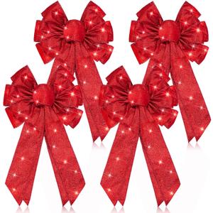 Giegxin 4 Pcs Red Christmas Tree Topper Bow Christmas Ribbon Wreath Bow Lighted LED Door Wall Decor for Indoor Outdoor Winter Xmas Decoration, 18 x 10 Inch