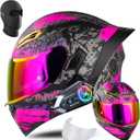 Bluetooth Modular Motorcycle Helmet, DOT Approved Flip Up Full Face Helmet with Dual Anti Fog Visors, Integrated Bluetooth Headset Noise Cancelling Speaker Mic for Adults Men Women (Pink, M)