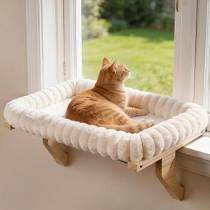 Zoratoo Cloud-Cuddle Cat Perch for Window Sill with Bolster, Natural Wood & Metal Frame Cat Window Seat for Large Cats, Easy to Adjust Zipper Cushion Pet Bed for Windowsill  (Large)