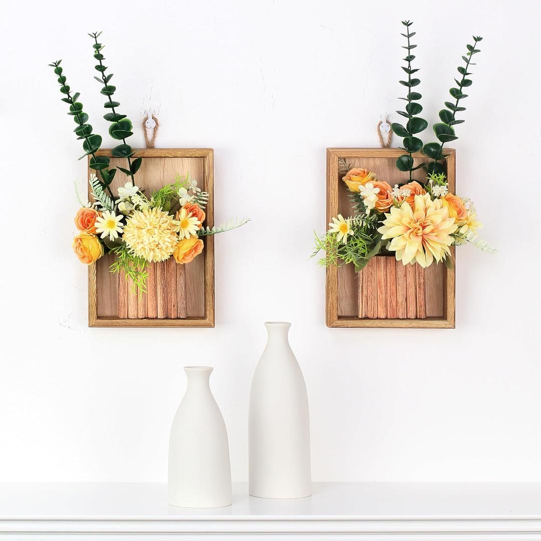 2 Pcs Artificial Flowers Wall Hanging Decor Australian Wintersweet 3D Decorative Painting Retro Vintage Wooden Frame Size: 9" x 6" (Yellow Rose)