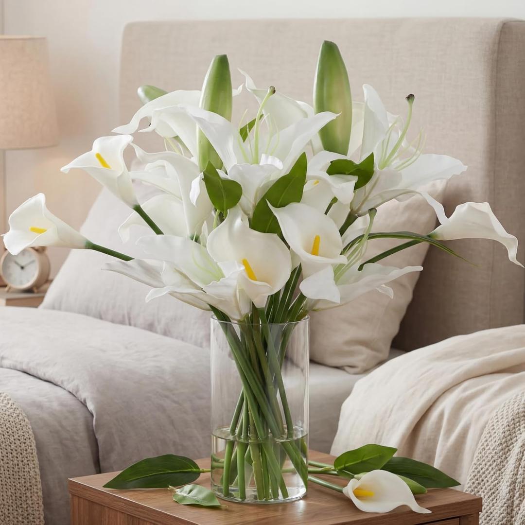 15.74 Inch Artificial Calla Lily Lily Flowers White Fake Flowers Green Bud with Faux Water Realistic Touch for Mother's Day Dining Room Centerpiece Table Wedding Spring Decor
