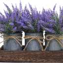 Set of 3 Small Potted Plants Arrangement Artificial Lavender Flower Plants in Rustic Galvanized Metal Pots with Decorative Wood Tray for Farmhouse Table Centerpiece Windowsill Country Indoor Decor