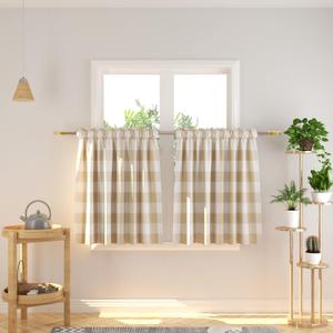 Buffalo Check Kitchen Tier Curtais 30 inches Long Plaid Gingham Rod Pocket Classic Cafe Curtains Country Farmhouse Kitchen Half Window Curtains 2 Panels Beige & White