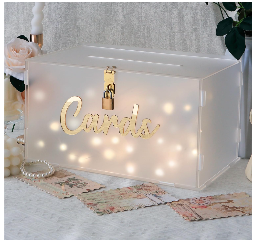 OurWarm Frosted Acrylic Wedding Card Box with String Light, Large Gift Card Box for Wedding Reception, DIY Wedding Envelope Money Memory Box for Party Graduation Birthday Baby Shower Decorations