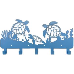 Chordwave Sea Turtle Coat Hooks Key Holder for Wall Metal Sea Animal Wall Art Beach Theme Decor for Home Living Room Bathroom Garden Patio Gift for Ocean Lovers, Blue
