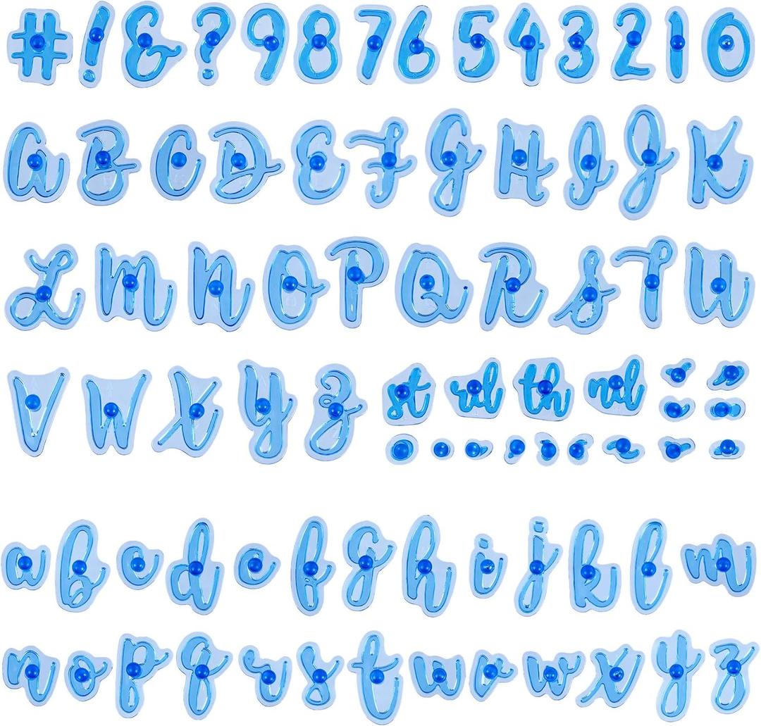 Pndeyo 83pcs Number Alphabet Cookie Stamps, Upper Lower Letter Fondant Embosser Set, Special Characters Stamp for Clay Sugar Cake Cookies Chocolate Decoration- Blue