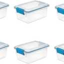 Sterilite 7.5 Qt Gasket Box, Stackable Storage Bin with Latching Lid and Tight Seal, Plastic Container to Organize Basement, Clear Base, Lid, 6-Pack