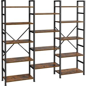 SUPERJARE Triple Bookshelf, Bookcase with 11 Open Display Shelves, Wide Book Shelf Book Case for Home & Office, 5 Tier, Rustic Brown
