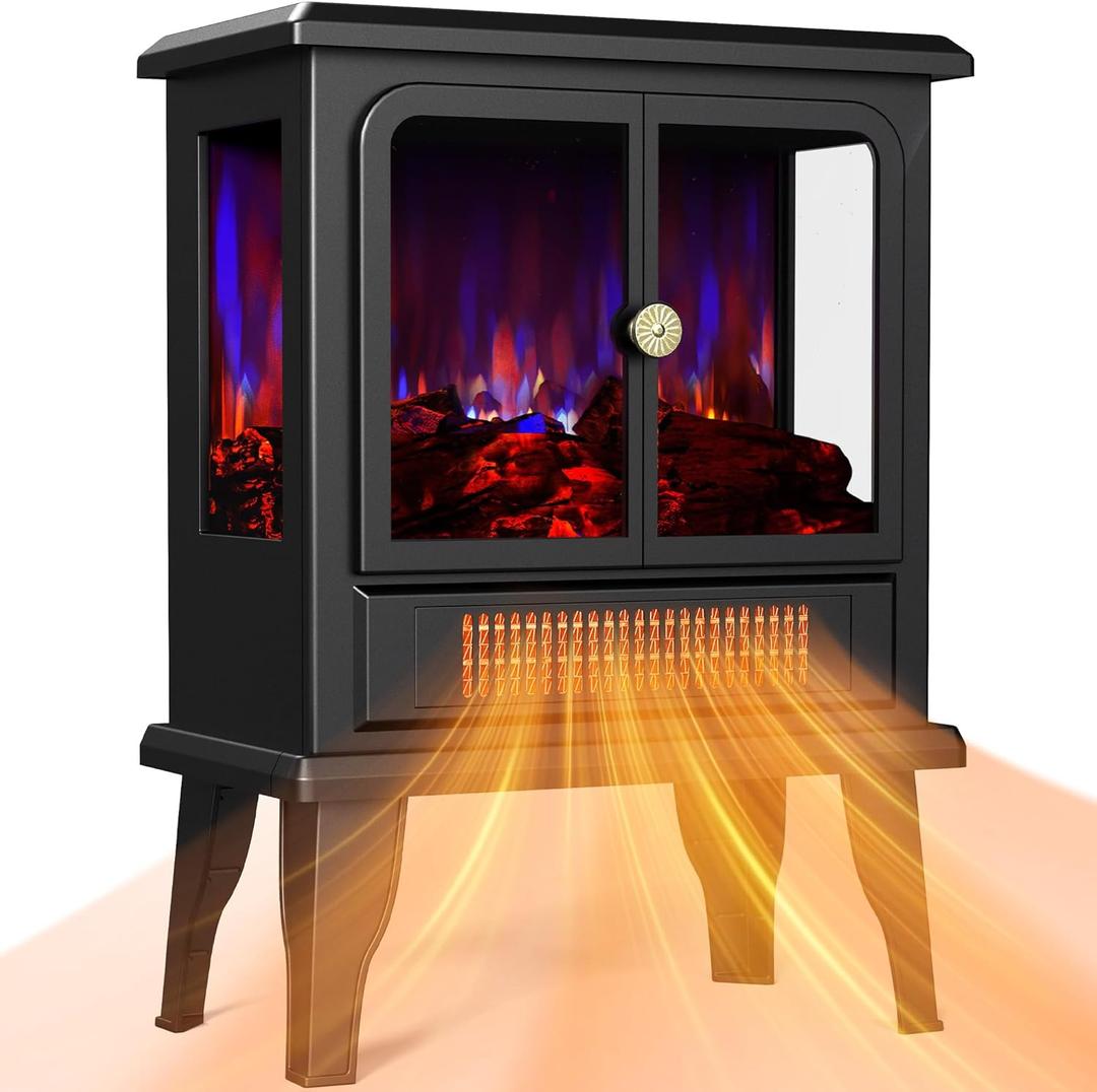 BLITZHOME 18'' Electric Fireplace Heater, Thermostat Control, 3D Realistic Flame, 2 Heating Mode 750/1500W, Safety Protection, Portable Freestanding Fire Places Stove for Home Indoor, Small Space