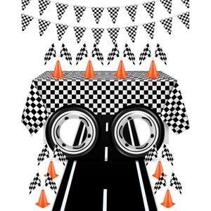 Race Car Party Birthday Supplies, 2x16ft Racetrack Floor Running Mat, Racetrack Tablecloth, Checkered Pennant Banner, 12 Checkered Flags with Sticks, 8 Mini Orange Traffic Cones for Racing Party Decor