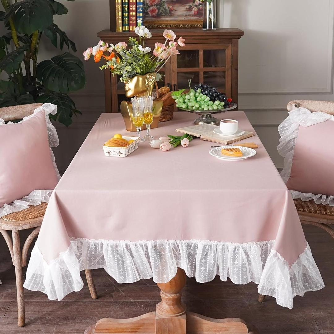 ARTMAGIC White Cotton Linen Tablecloth Embroidery Leaf Pattern Lace French Country Rectangle Table Cloth Washable Tablecloths Farmhouse Decor for Home Holiday Party Dining Table (Dusty Pink, 60"x120")