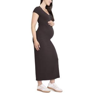 Motherhood Maternity Women's Short Sleeve V-Neck Henley Rib Knit Bodycon Maxi Pregnancy Dress (Brown, S)