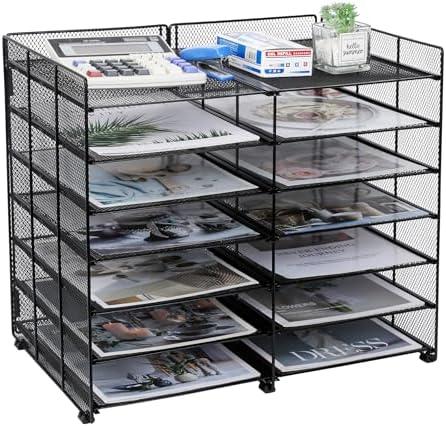 TQVAI Desk File Organizer 7 Tier Mail Sorter Countertop Adjustable Literature Organizer 12 Slots Paper Storage Rack Letter Tray Filing Holder for Office Home School Classroom, Black