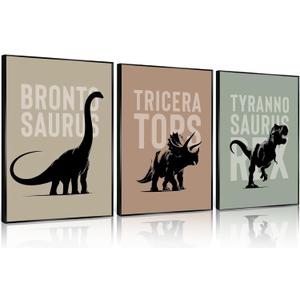 3Pcs Nursery Dinosaur Canvas Wall Art Bronto,Trike,T.rex Painting Picture Wall Decor Adorable Toddler Dino Poster Print Artwork for Kids Boys Room Nursery Classroom Playroom Home Decoration (1216in)