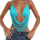 MakeMeChic Women's Y2k Crochet Halter Top Open Back Metal Ring Draped Front Summer Sequin Rave Party Going Out Tops (Blue, S)