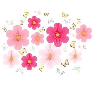 9 Pcs Pink Paper Ornaments: Fan Flowers with 3D Butterflies | Hanging Wall Decor for Women‘s Birthday Party, Bridal Shower, Wedding, Classroom Decoration