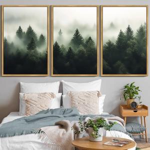 KUVIOKE Green Fog Pine Tree Framed Wall Art Nature Nordic Forests Artwork Morden Painting Home Decor 24x36in (Natural Framed)