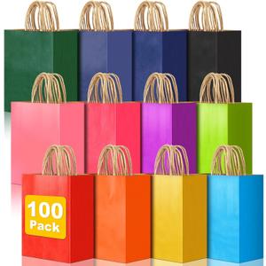 100 PCS Medium Gift Bags with Handles, 7.88"x4.73"x10.64" Party Favor Bags, 12 Colored Goodie Bags for Birthday Party, Kraft Paper Gift Bags Bulk for Wedding, Baby Shower, Celebrations, Party Supplies (Multiple)