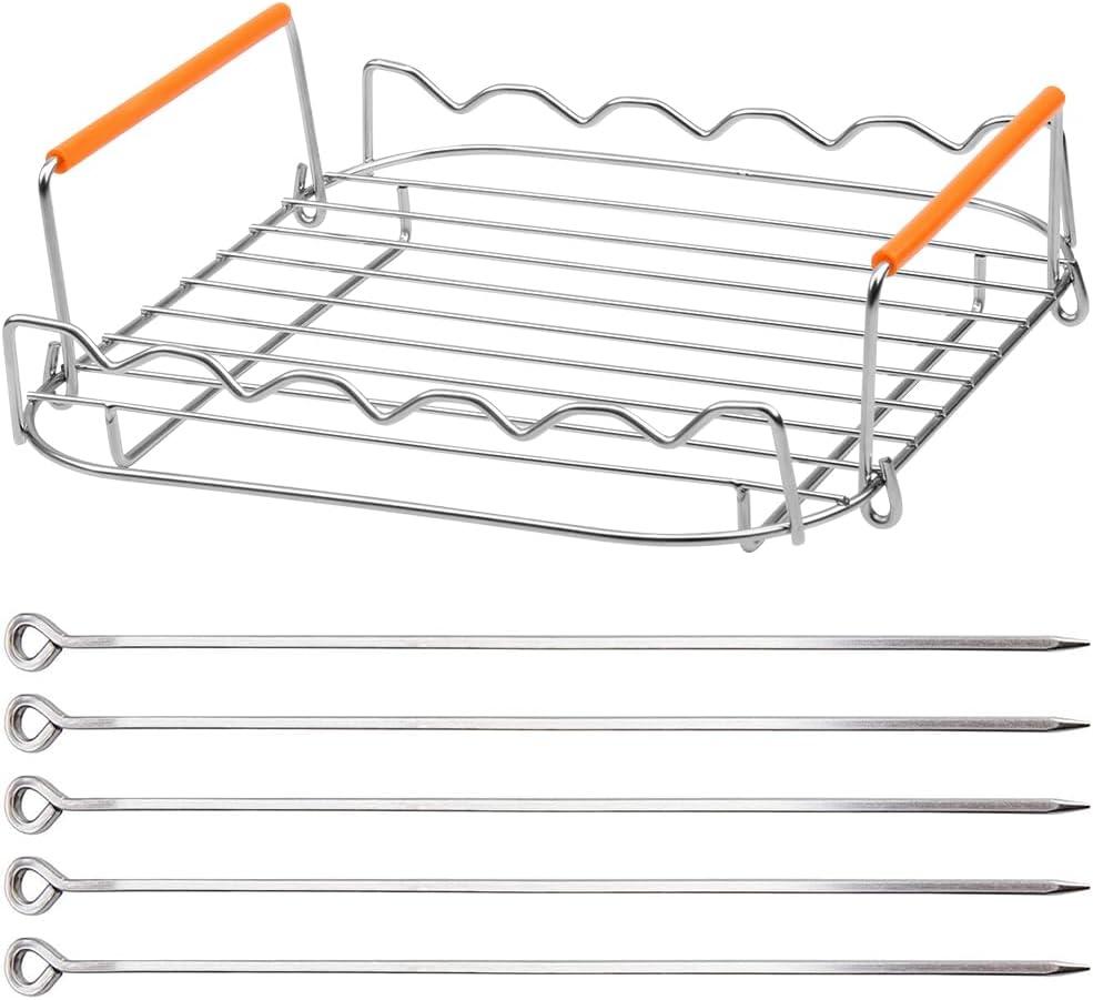 Stainless Steel Air Fryer Accessories 9 inch Square Air Fryer Skewer Rack with Handle Dehydrator Rack