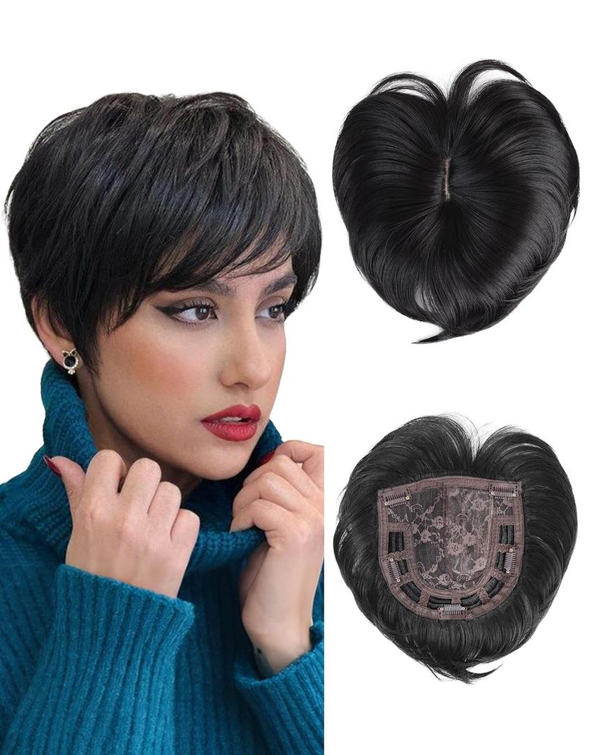 QUEENTAS Black Short Hair Toppers for Women with Thinning Hair 3603D Cover with 5 Clips Hair Pieces Wispy Bangs 6"*6" Large Coverage Men's Toupee(Black/1B)