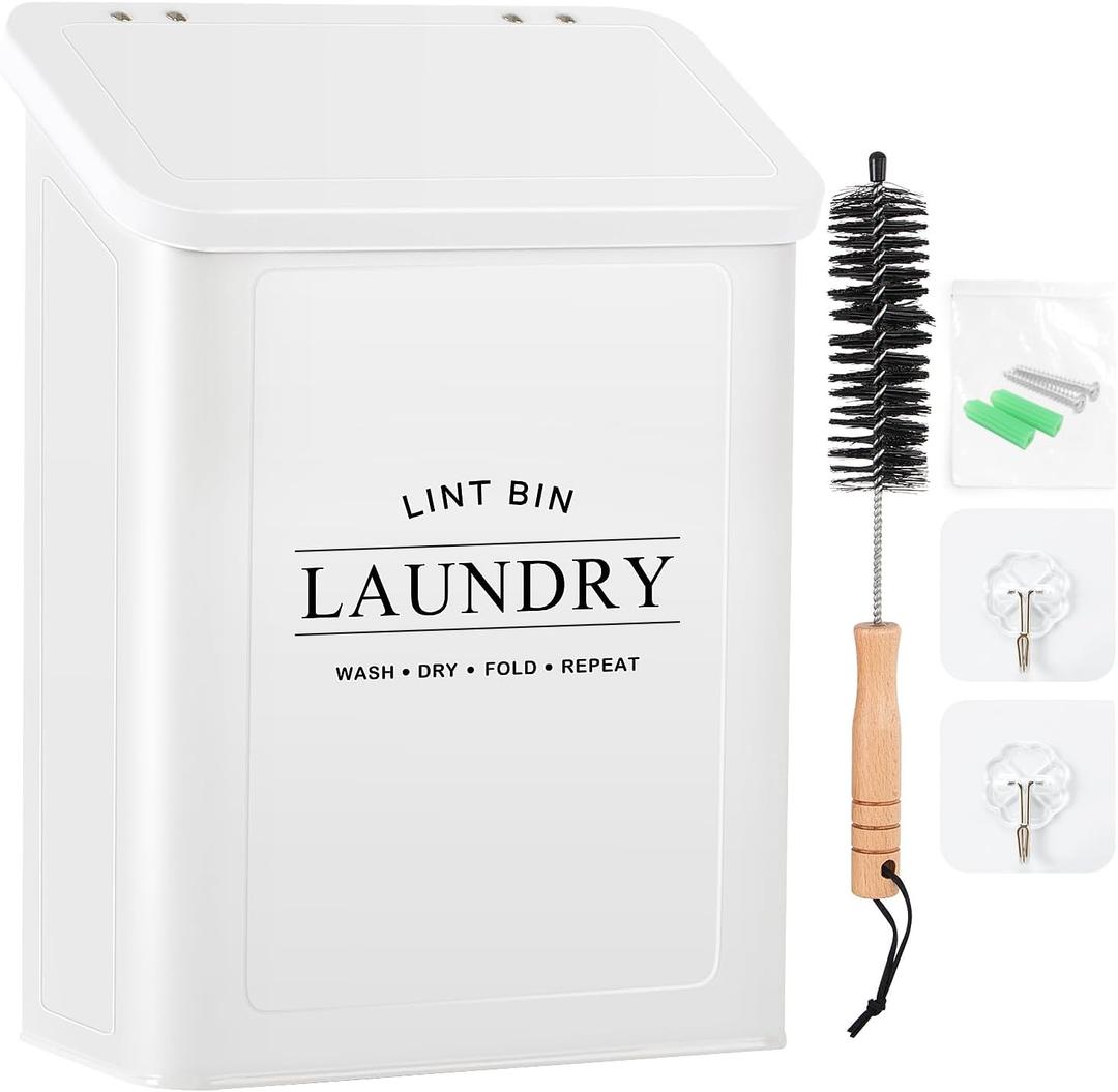 Magnetic Lint Bin for Laundry Room, Metal Lint Container with Lid and Brush, Wall Mounted Lint Box for Dryer, Farmhouse Laundry Room Decor, White (Pattern 2)
