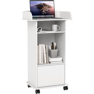 Podium Stand with Wheels Wooden Lectern Podium Stand Portable Pulpit Standing with Storage Mobile Reception Podiums Desk for Church Office School Conference Restaurant Meeting, White