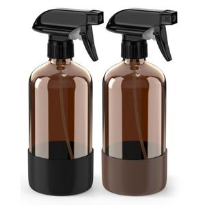Bontip Glass Spray Bottle with Silicone Sleeve Protection, Amber Glass Spray Bottle Set for Window Cleaner Aromatherapy Facial Hydration Watering Flowers Hair Care 2 Pack/16 oz (Black & Brown)