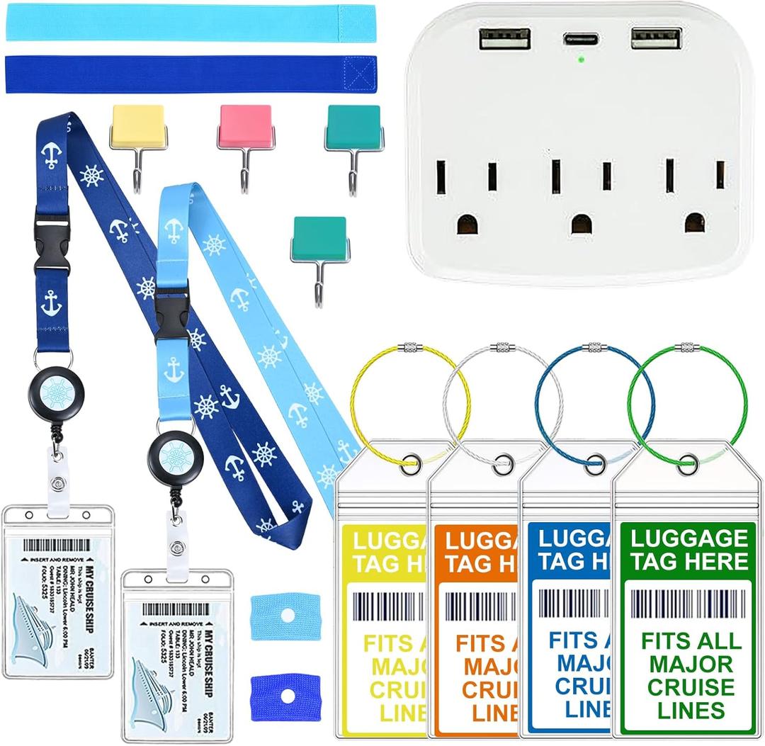 15 Pcs Cruise Essentials Accessories Kit Must Haves Set Include Non-Surge Power Strip, Retractable Cruise Lanyards for Ship Card, Luggage Tags Holder, Towel Bands, Anti-Nausea Wristband, Magnetic Hook