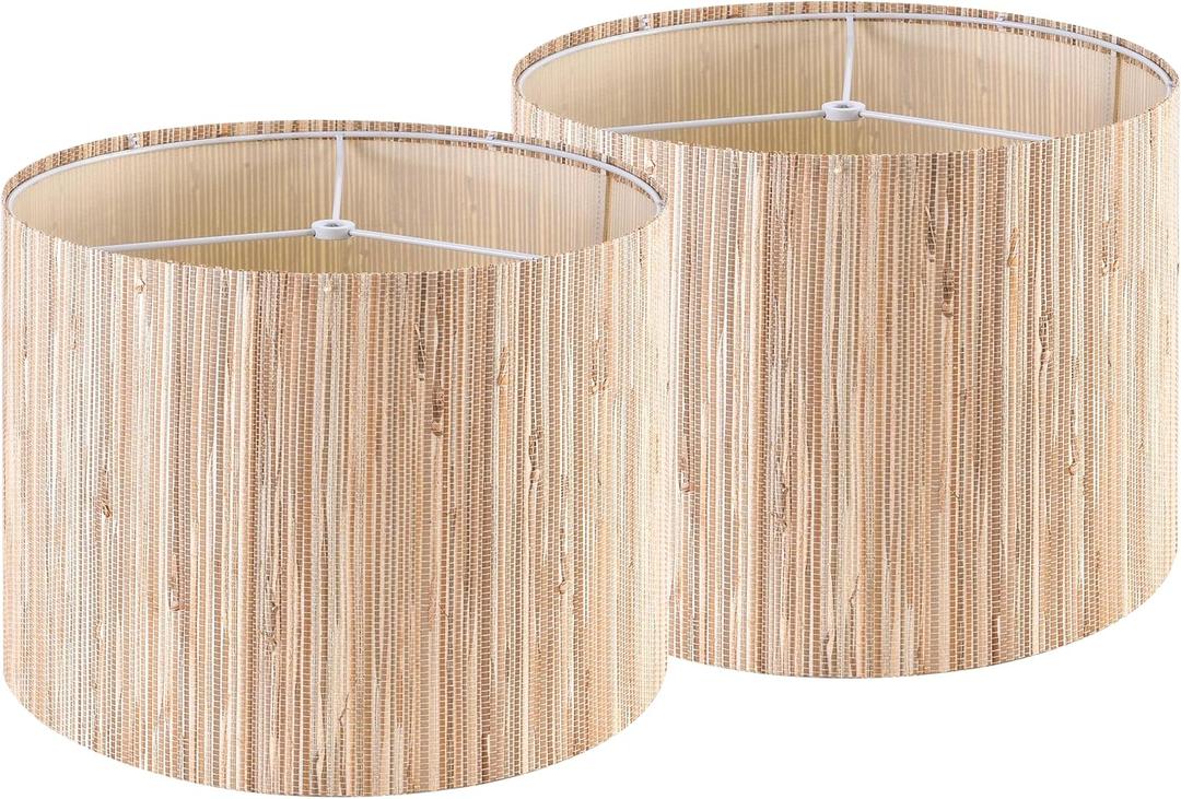GO&SO 13 IN Drum Boho Lamp Shades Set of 2 Medium, Farmhouse Lamp Shade for Table Lamps Floor Lamp- 13" x 13" x 10" Spider Vintage Lampshade Decor, Natural Straw Shade Replacement, Assembly Required (13"*13"*10"-2 Pack, Yellow-staw woven)