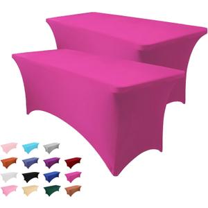 2 Pack 6FT Table Cloth for Rectangle Tables - Hot Pink Tablecloth Rectangular Fitted Stretch Spandex Table Covers 6 ft for Birthday, Cocktail, Wedding, Banquet Valentines Party