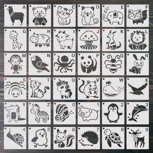 36 Pieces Baby Shower Stencils for Painting Cute Onesie Stencil Reusabl Painting Stencils, Small Animals Stencils Template for Onesies Bodysuit Bags Shirts Shoes Bibs Clothes(Letter Animal)