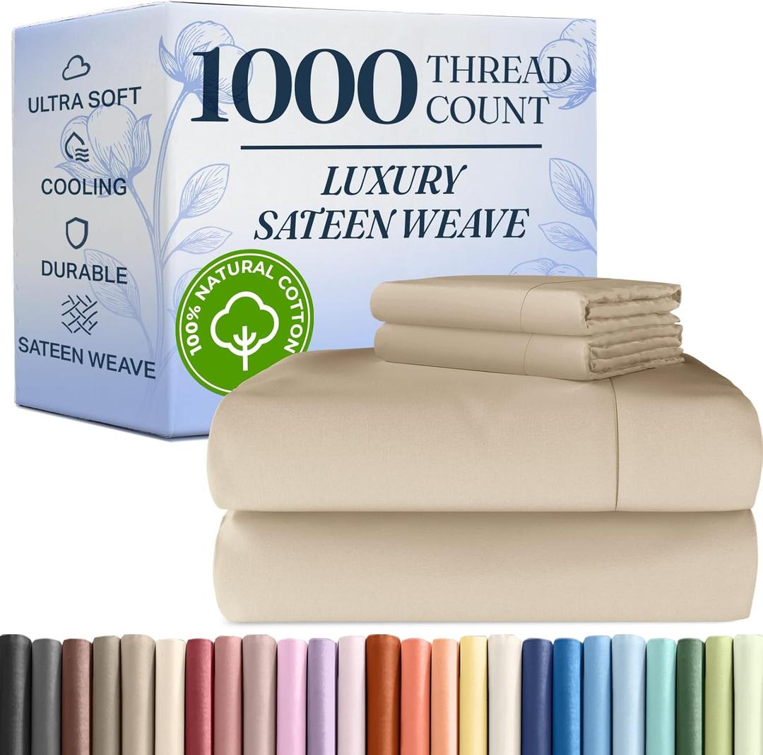 1000 Thread Count Queen Sheet Set - 100% Cotton Bed Sheets - Softer Than Egyptian Cotton - 4-Piece Cream Queen Set - Soft Sateen Weave - Hotel Luxury Bedding 16" Deep Pocket Fits up to 17" Mattresses