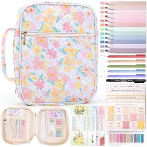 XKDOUS Large Bible Bags Floral Bible Cover with Durable Handle, Tabs, Pens, Study Supplies Carrier Organizer, Church Book Carrying Case Christmas Gifts for Women (Cotton Orange)