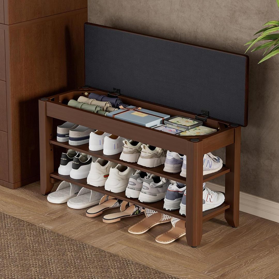 Homleke Shoe Rack Bench with Flip-Top Storage, Solid Wood Entryway Bench with Cushion, Adjustable Shelf, for Hallway, Mudroom, Closet Walnut, 31.5"