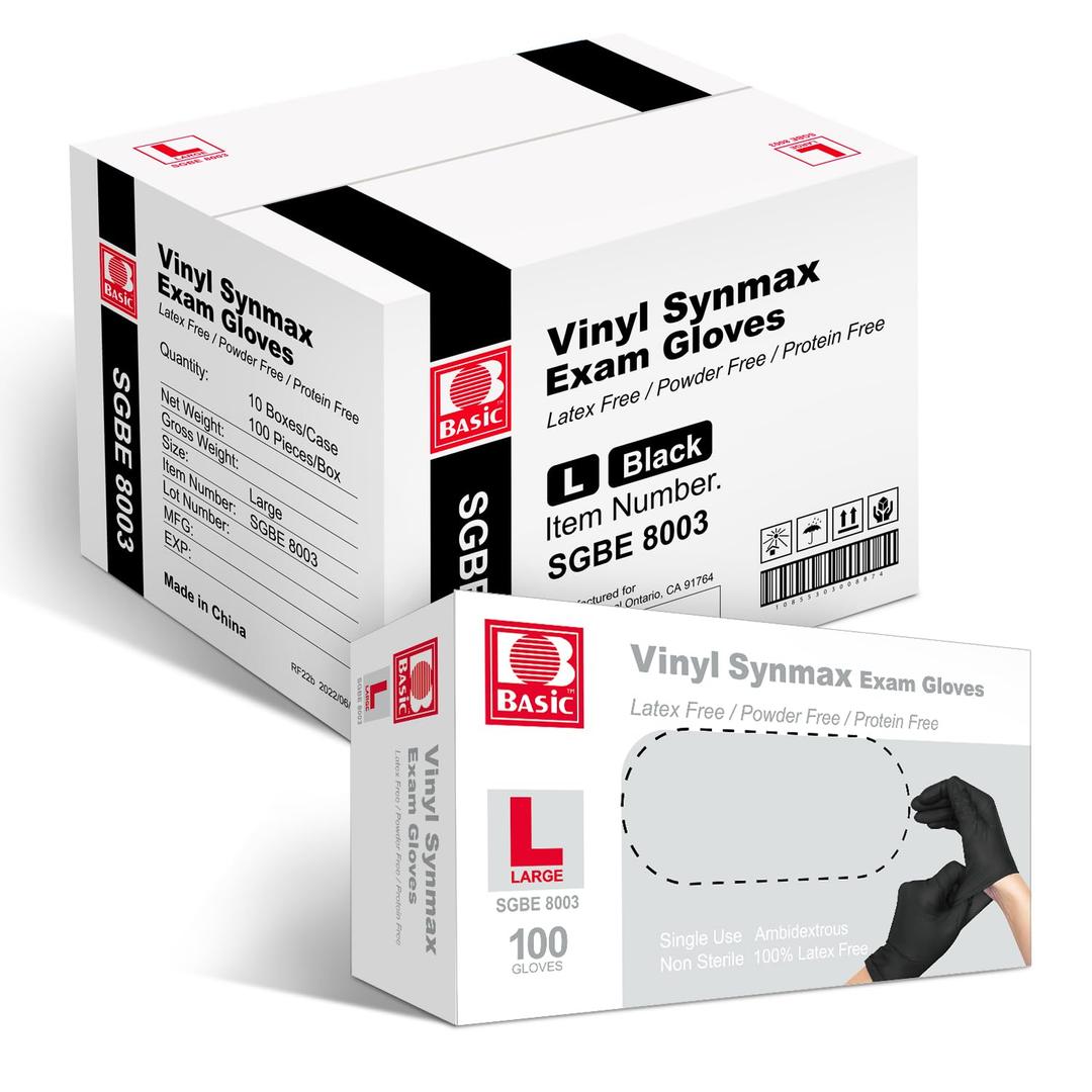 Vinyl Exam Gloves, 4 mil Safty Glove Latex-Free & Powder-Free, SGBE 8003 Synmax Disposable Medical Glove Large (Case of 1000, Black) (Large (Pack of 1000), Large (Black))