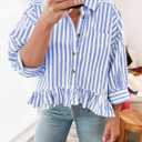 Cicy Bell Womens Cropped Striped Button Down Shirts Ruffle 3/4 Length Sleeve Summer Tops Dressy Casual Blouses