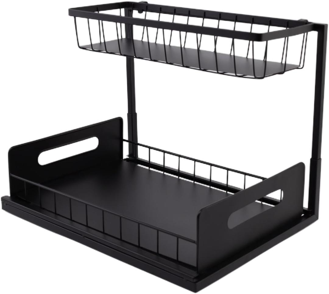 Under Sink Organizer, 2 Tiers Sliding Pull-Out the Under Kitchen Bathroom Sink Organizer and Storage, Multi-Purpose Cabinet Storage Shelf (Black)