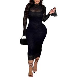 Uni Clau Women's 2 Piece Lace Dress Set Elegant Bodycon Midi Dress for Wedding Guest Cocktail Party, Black, XL
