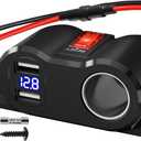 120W Dual USB Outlet Cigarette Lighter Socket Splitter with LED Voltmeter/Rocker, 12V Car Charger Power Adapter Replacement Plug Female for RV Marine Boat Motorcycle Truck ATV UTV Van (3 * 10A Fuse) (1P, Black)