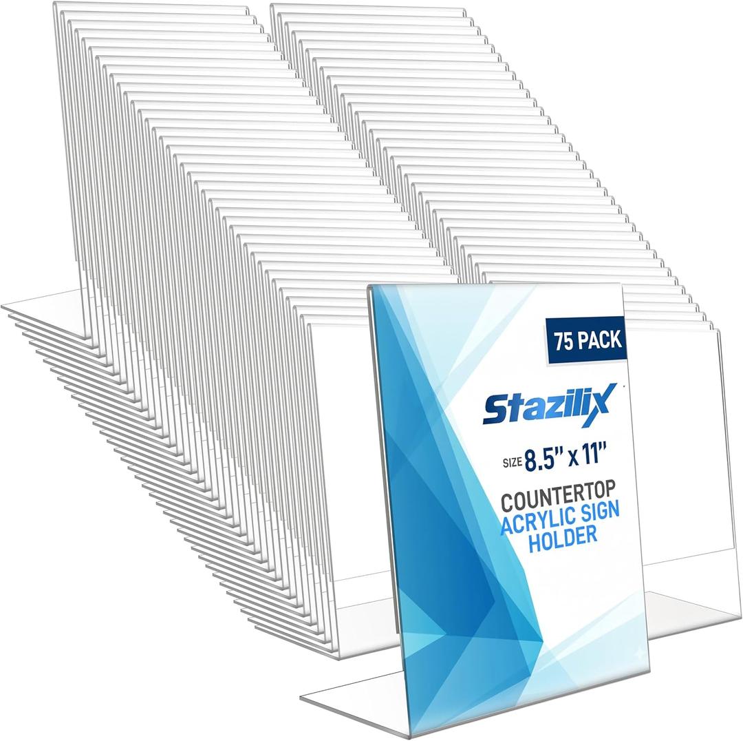 75 Pack Acrylic Sign Holder 8.5x11, Standing L-Shape Vertical Menu Holder Stand, Flyer Display Stand, Table Paper Holder, Plastic Sign Display Stand for Restaurants, Store, Office