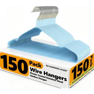150 Pack Clothes Hangers,Non Slip Blue Plastic Coated Metal Coat Hanger for Closet,Sturdy Thin Hangers Bulk Space Saving Hangers for Pants,Skirt,Shirt,Dress,Tie