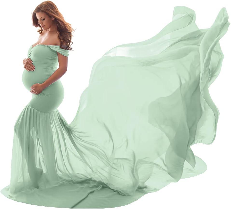 Women Maternity Dress for Photography Mermaid Off Shoulder Slim Fitted Chiffon Gown Flowy Baby Shower Maxi Photo Props Dress (Green, One Size)