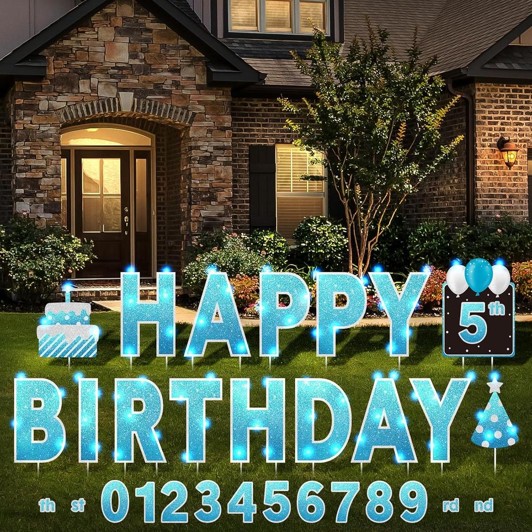 Yerliker 16 Pcs Happy Birthday Yard Signs with Stakes, 32.8 ft LED Lights, 42 Pcs Number Stickers, 13.4 Inch Letters Signs for Birthday Party Supplies Yard Lawn Outdoor Decoration(Light Blue)