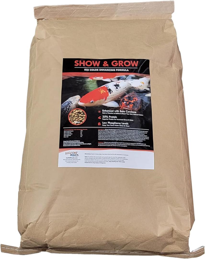 HALF OFF PONDS Show & Grow Koi Fish Food - 50 lb Floating Pellets, 5mm Size - Goldfish Food for Ponds - 35% Protein with Beta Carotene & Vitamins - Enhances Color Vibrancy & Body Definition (50 Pound (Pack of 1))