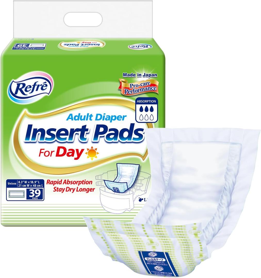 Refr Adult Diaper Insert Pads for Day - Unisex Booster Liners for Tabbed Briefs with Odor Control & Leak Protection - 450cc Absorbent Incontinence Pads, 8.3"x18.9" (39 Count)